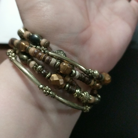 Gold Tone Copper Brown Beaded Multi Wrap Memory Wire Statement Bracelet - Picture 2 of 3